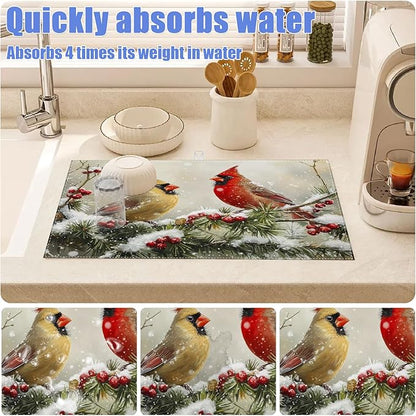 Winter Cardinal Bird Dish Drying Mat for Kitchen Counter Snow Drying Pad Absorbent Reversible Dish Drainer Rack Mats Draining Pad 18"x24"Inch