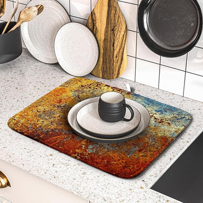Brown Rust Colorful Metal Rusty Steel Iron Dish Drying Pad 16 x 18 Inch With Absorbent Reversible Microfiber Modern Abstract Drying Mats Dish Drainer Mat Fast Dry For Kitchen Dining Room Decor