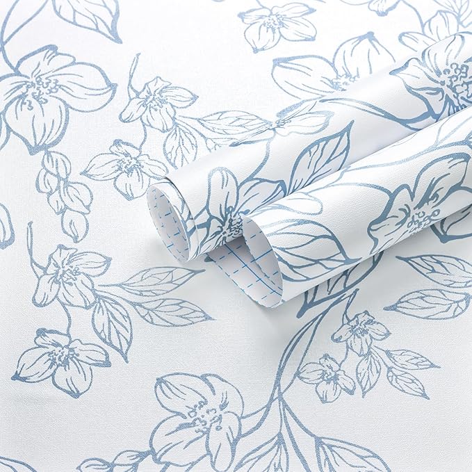 Ismoon Floral Wallpaper Peel and Stick Blue and White Contact Paper Vintage Textured Removable Wallpaper Self Adhesive Renter Friendly Wall Paper 17.3x196in