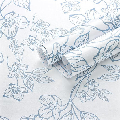 Ismoon Vintage Floral Peel and Stick Wallpaper White and Blue Wallpapaer Contact Paper Thicken Removable Textured Self Adhesive Wall Paper for Bedroom 17.3x393in