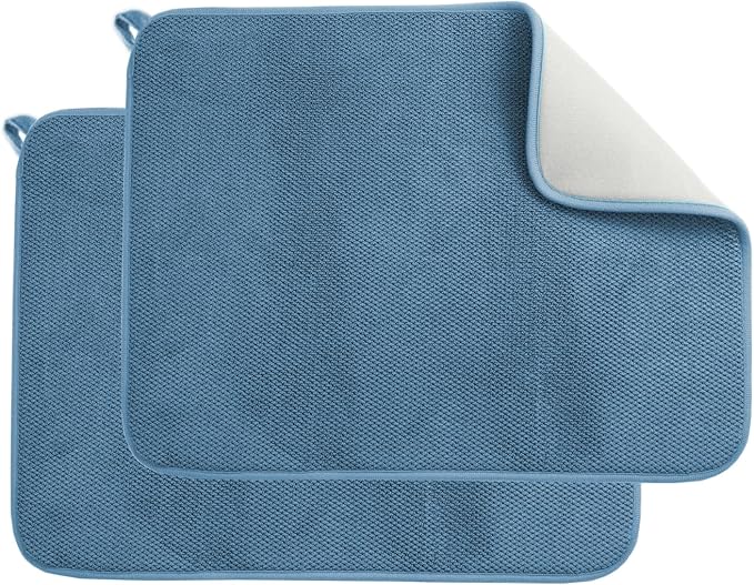 2 Pcs Large Size Dish Drying Mats for Kitchen Counter, Reusable Dishes Drainer Mats, Absorbent Microfiber Dish Drying Pad for Countertops, Racks, Under Sink (Blue, 24 x 18 Inch)