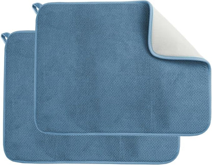 2 Pack Dish Drying Mat for Kitchen Counter, 12"x16" Microfiber Absorbent Dish Drainer Mat with Hanging Loop, Non-Slip Dish Drying Pad for Countertops Sinks, Washable, Reusable, Blue