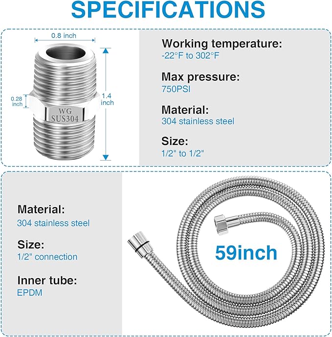 Dreyoo 1 Pack 59 Inch Shower Hose with Shower Extension Connector, Extra Long Handheld Head Hose with Brass Insert and Nut, 1/2 to 1/2 Extender, Stainless Steel