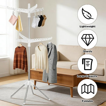 2-Layer Rotatable & Foldable Clothes Drying Rack 75" Stainless Steel Laundry Drying Tree with 6 Rotatable Arms, 4-Leg Free-Standing Hanger Stand for Indoor, Balcony, and Laundry Room