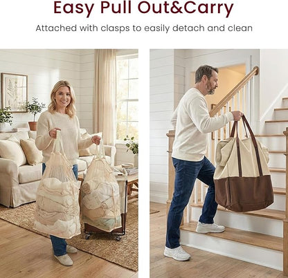 150L Rolling Laundry Basket with Wheels and 2 Removable Bags, Double Laundry Hamper with Lid, 2 Section Large Capacity for Laundry Bedroom Bathroom Dorm, Easy Move & Organize 19.7"x15.7"x31.9", White