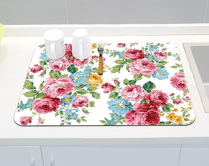Rubber Dish Drying Mat for Kitchen Counter Large Pink Red Roses Floral Washable Quick Home Coffee Pad Fit Under Sink,Bar,Utensils 18x24in