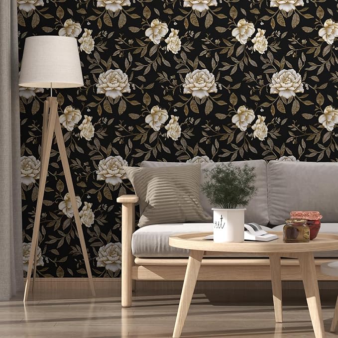 Laatse Floral Wallpaper Peel and Stick, Golden/White Flowers Contact Paper 17.5" x 393.7", Black Botanical Wall Paper Self Adhesive Waterproof Removable for Room Shelves Cabinet Drawer Table Decor