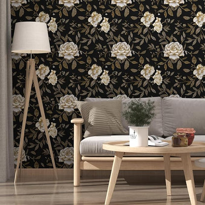 Laatse Floral Wallpaper Peel and Stick, Golden/White Flowers Contact Paper 17.5" x 393.7", Black Botanical Wall Paper Self Adhesive Waterproof Removable for Room Shelves Cabinet Drawer Table Decor