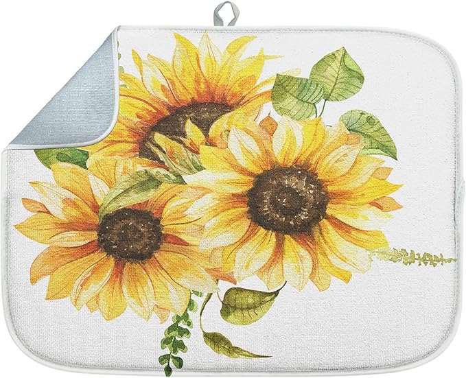 Sanwarm Absorbent Dish Drying Mat, Bouquet Daisy Flower Sunflowers Microfiber Pad for Kitchen Counter, Coffee Bar Decor, Heat Resistant and Reversible, 16" x 18"