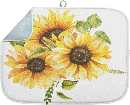 Sanwarm Absorbent Dish Drying Mat, Bouquet Daisy Flower Sunflowers Microfiber Pad for Kitchen Counter, Coffee Bar Decor, Heat Resistant and Reversible, 16" x 18"