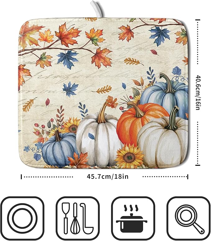 Fall Pumpkin Dish Drying Mat for Kitchen Counter 16x18 Inch Vintage Autumn Thanksgiving Absorbent Reversible Microfiber Dish Drainer Rack Mats Countertops Protector Mat
