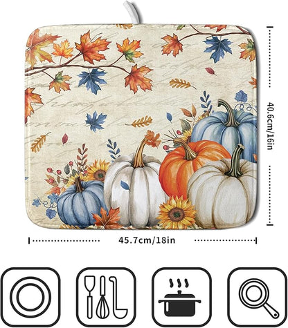 Fall Pumpkin Dish Drying Mat for Kitchen Counter 16x18 Inch Vintage Autumn Thanksgiving Absorbent Reversible Microfiber Dish Drainer Rack Mats Countertops Protector Mat