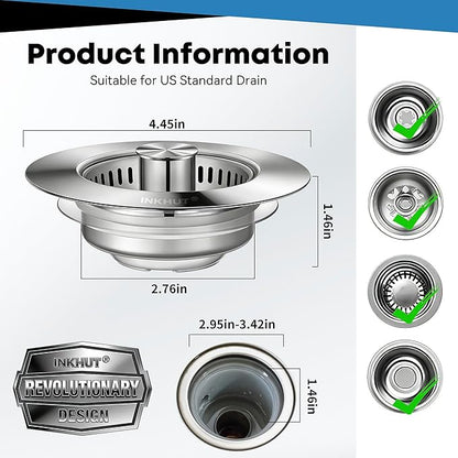 Upgraded 3 in 1 Kitchen Sink Drain Strainer - Stainless Steel Sink Stopper, Anti-Clogging Sink Food Catcher Basket, Fast Drainage Odor Filter Sink Plug for US Standard 3 1/2 inch Drain (Silver-2Pack)