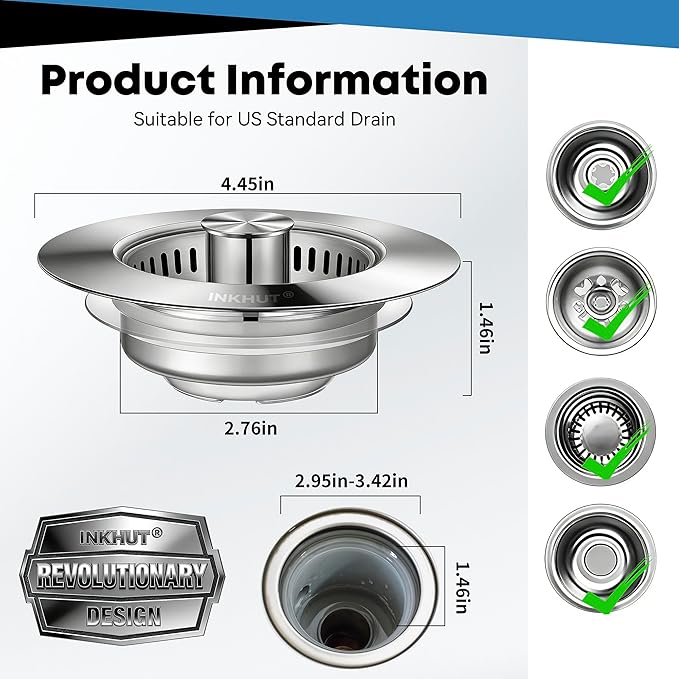 Upgraded 3 in 1 Kitchen Sink Drain Strainer - Stainless Steel Sink Stopper, Anti-Clogging Sink Food Catcher Basket, Fast Drainage Odor Filter Sink Plug for US Standard 3 1/2 inch Drain (Silver-1Pack)