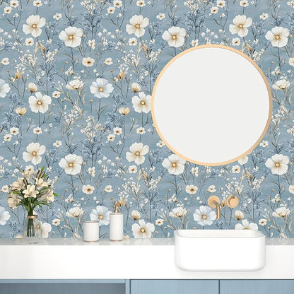 Laatse Blue Floral Peel and Stick Wallpaper White Botanical Contact Paper Vintage Leaf Wall Mural for Bedroom Bathroom Vinyl Waterproof Self Adhesive Removable Renter Dorm Wall Paper 17.5" x 118"