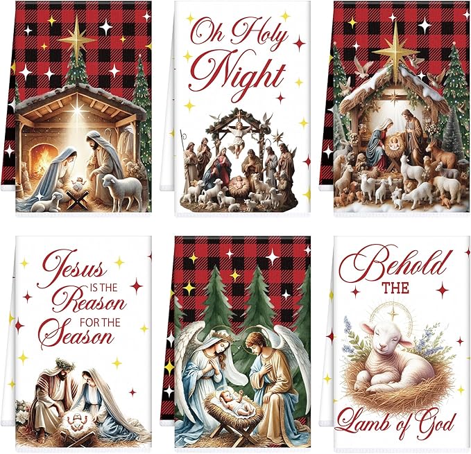Christmas Kitchen Towels, 6PCS Nativity Religious Hand Tea Towels Set Xmas Housewarming Gifts, Jesus is The Reason for The Season Kitchen Dish Clothes Bathroom Holiday Decor Supplies