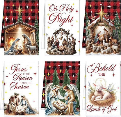 Christmas Kitchen Towels, 6PCS Nativity Religious Hand Tea Towels Set Xmas Housewarming Gifts, Jesus is The Reason for The Season Kitchen Dish Clothes Bathroom Holiday Decor Supplies