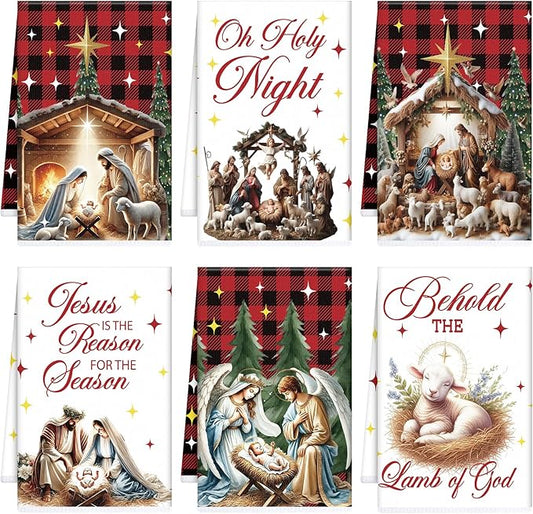 Christmas Kitchen Towels, 6PCS Nativity Religious Hand Tea Towels Set Xmas Housewarming Gifts, Jesus is The Reason for The Season Kitchen Dish Clothes Bathroom Holiday Decor Supplies