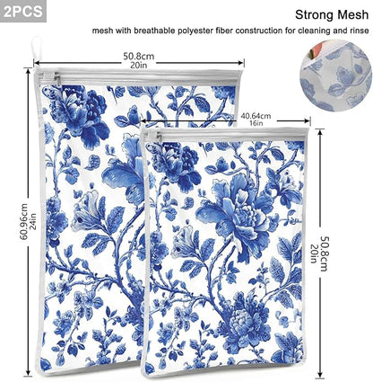 Mesh Laundry Bags Lingerie Bags for Washing Delicates 2 PCS Durable Wash Bag with Zipper Small and Medium Washable Blue and White Flowers Leaves