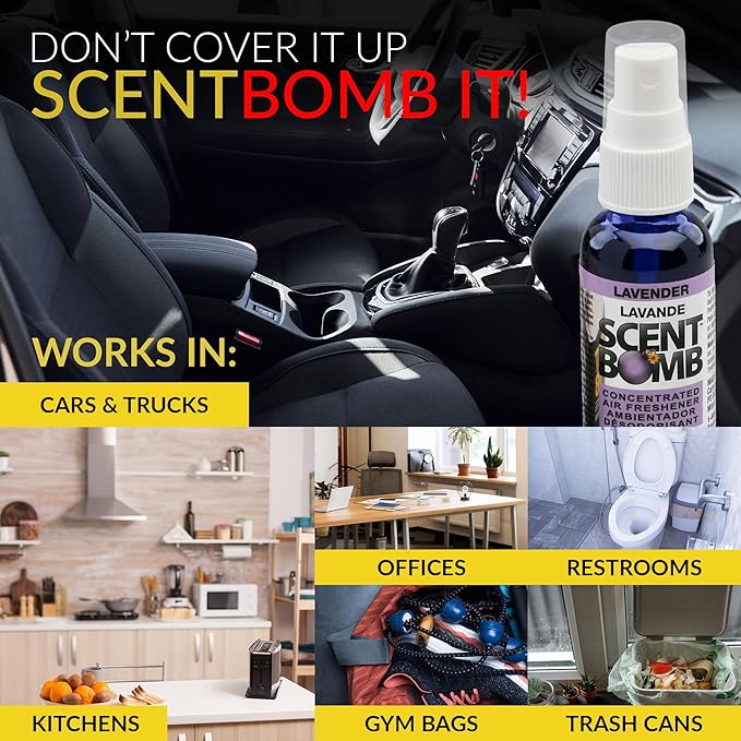 Scent Bomb Air Freshener Spray, Long-Lasting Odor Eliminator - Effective Deodorizer for Home & Car, Fresh Room Spray for Kitchen, Bathroom & Smell Neutralizer - 1 oz Pack of 4, Lavender Scent