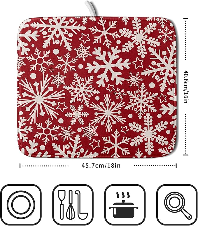 Christmas Dish Drying Mat for Kitchen Counter 16x18 Dark Red Snowflake Winter Xmas Holiday Absorbent Reversible Microfiber Drying Mats Kitchen Countertop Protector Dishes Drainer Pad