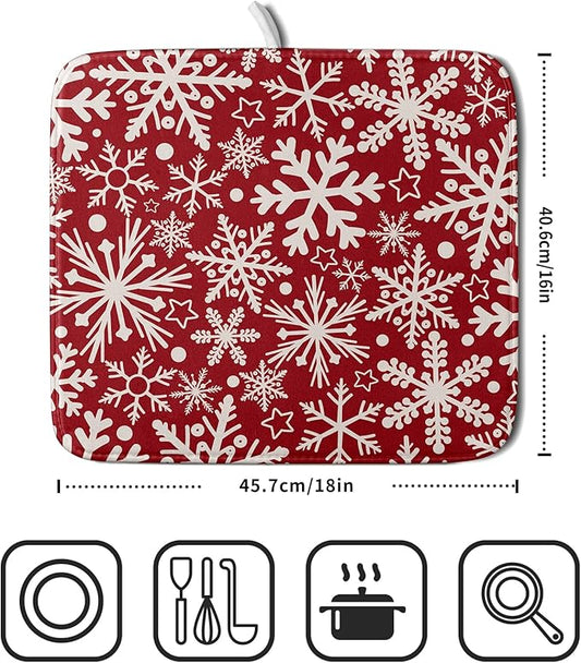 Christmas Dish Drying Mat for Kitchen Counter 16x18 Dark Red Snowflake Winter Xmas Holiday Absorbent Reversible Microfiber Drying Mats Kitchen Countertop Protector Dishes Drainer Pad