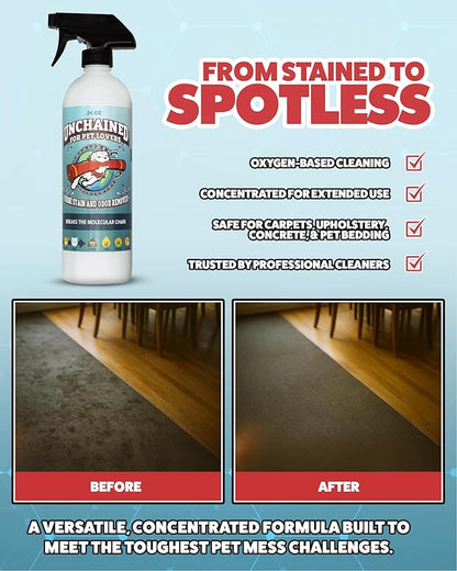 Unchained Pet Urine Stain & Odor Remover Spray – Oxygen-Based Cleaner, Professional Strength for Carpets, Concrete, Furniture, Upholstery – 24oz