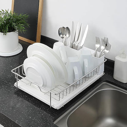 SunnyPoint 304 Stainless Steel Dish Drying Rack with Diatomaceous Earth Drainboard & Removable Utensil Caddy – Rust Resistant Countertop Dish Rack for Kitchen (Silvery-Grey)