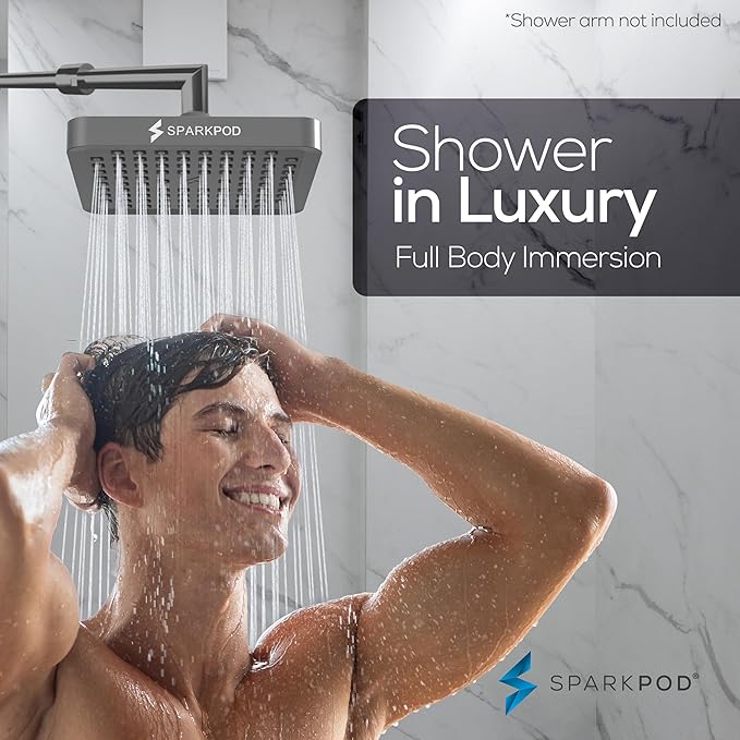 SparkPod Shower Head - High Pressure Rain - Premium Quality Luxury Design - Easy Clean Adjustable Replacement for Your Bathroom Shower Heads (Charcoal Grey, 6 Inch Square)