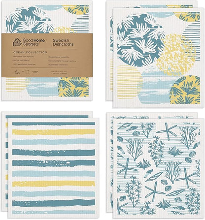 Swedish Dishcloths for Kitchen | 6-Pack Ocean Collection | Absorbent Reusable Swedish Dishcloths, Eco-Friendly Cellulose Sponge Dishtowels