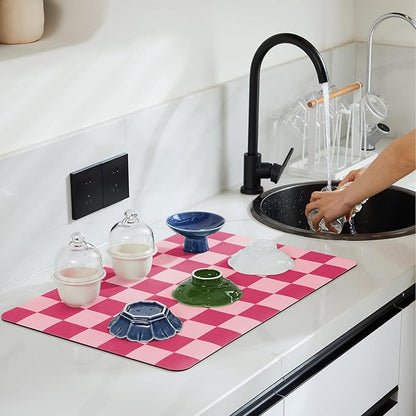 Ohocut Checkered Dish Drying Mat for Kitchen Counter, Coffee Bar Station Accessories, Retro Cute Aesthetic Modern Absorbent Drainer Mat Kitchen Drying Mat Easy Clean, Hot Pink 12" x 19"