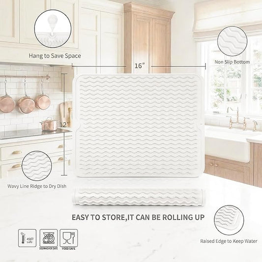 MicoYang Silicone Dish Drying Mat for Multiple Usage,Easy clean,Eco-friendly,Heat-resistant Silicone Mat for Kitchen Counter or Sink,Refrigerator or drawer liner White L 16 inches x 12 inches