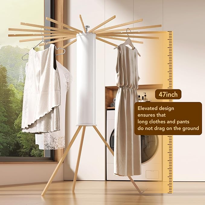 Foldable Tripod Clothes Drying Rack,Beechwood & Portable Laundry Stand, Space-Saving Collapsible Hanger with 16 Arms for Indoor & Outdoor Drying – Easy Setup, Stable Base, Fast Air-Drying Design