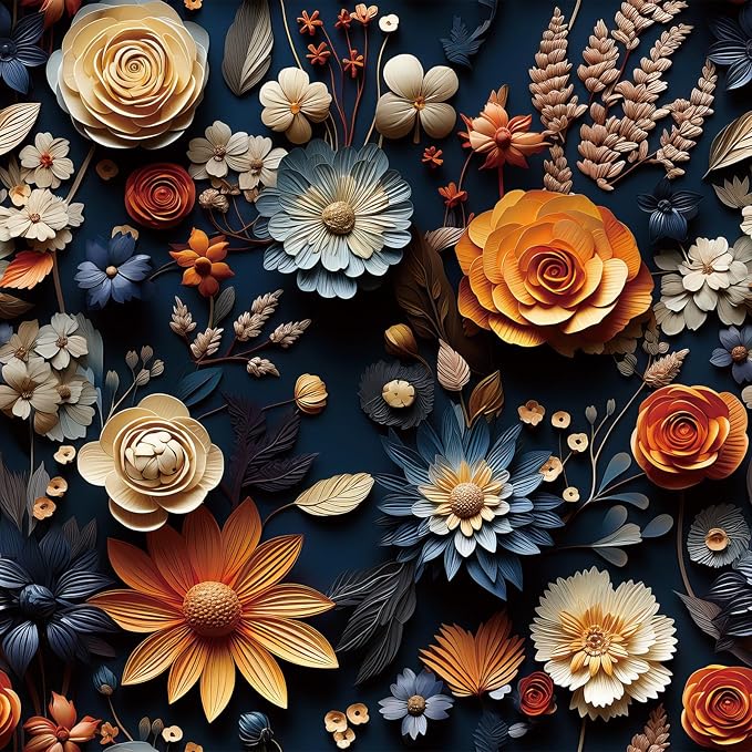 FunStick Dark Blue Floral Wallpaper Peel and Stick Orange Faux 3D Embossed Floral Wall Paper Modern Vinyl Wall Art Decor Removable Navy Blue Beige Daisy Rose Floral Contact Paper for Cabinets Ceiling