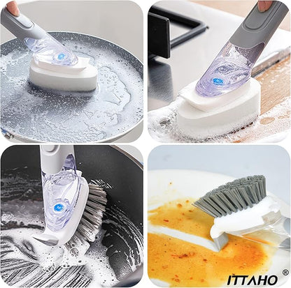ITTAHO Dish Brush with Soap Dispenser & 3 Pack Dishwashing Sponge Refills Non Scratch, Dish Cleaning Scrubber Set with Handle for Household Usage Kitchen Sink Pot Pan Large Glass Cup - Grey