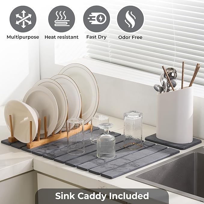 Large Stone Dish Drying Mat for Kitchen Counter - Quick Dry Stone Dishes Mats, Foldable Water Absorbing Diatomaceous Earth Drying Organizer Pad for Rack Bottles Plate (Dark Gray 24"×16" & 8"x5")