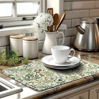 Sage Green Botanical Floral Dish Drying Mat for Kitchen Counter Vintage Herbs Fern Leaves Plant Drying Mats Absorbent Microfiber Dishes Drainer Mats Washable Dish Draining Pad Extra Large 18"x24"