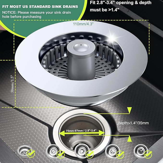 Kitchen Sink Drain Strainer, Sink Strainer, 3 in 1 Kitchen Sink Stopper, Sink Drain Stopper with an Extra Anti-Clog Sink Strainer Basket for Standard 3-1/2" Drain, Brass Material Electroplated Chrome