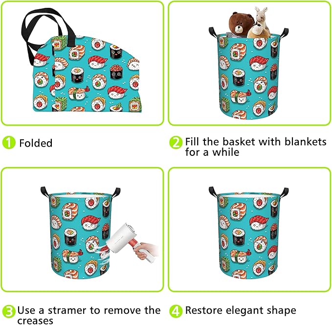 Cute Kawaii Sushi Laundry Basket Foldable Laundry Hamper Waterproof Oxford Cloth Large Laundry Basket Clothes Storage Bucket Toy Organizer For Bathroom, Laundry, College 17.3 x16.5 Inch