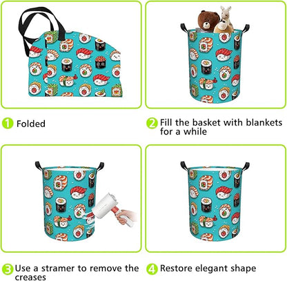 Cute Kawaii Sushi Laundry Basket Foldable Laundry Hamper Waterproof Oxford Cloth Large Laundry Basket Clothes Storage Bucket Toy Organizer For Bathroom, Laundry, College 17.3 x16.5 Inch