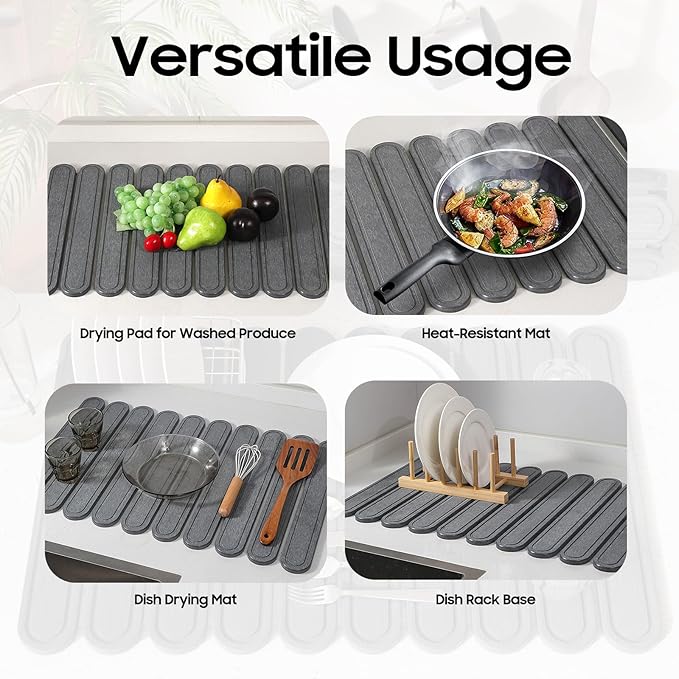 Stone Dish Drying Mat for Kitchen Counter, Quick Dry Stone Mat Kitchen for Dishes Bottles Cups, Large Foldable Diatomaceous Earth Dish Drying Mats Mat