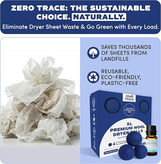 Zero Trace Wool Dryer Balls - Dryer Balls Laundry Reusable - Eliminate Wrinkles Static & Lint – Cruelty Free & Non-Toxic - Laundry Balls for Dryer -Fabric Softener Ball – Wool Balls with Fragrance Oil