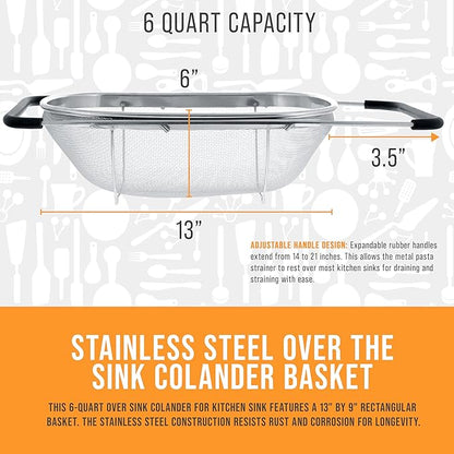 U.S. Kitchen Supply Stainless Steel Colander Strainer - 6-Quart Collapsible Colander with Expandable Rubber Handles - Rectangular Sieve, Fine Mesh Stainless Steel Strainers and Colanders for Kitchen