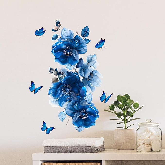 Blue Flower Wall Decals Peel and Stick Peony Floral Wall Sticker Decor Removable Peonies Bouquet Wall Murals with Butterflies for Girls Bedroom Living Room Bathroom Hallway Door Office Kids Nursery
