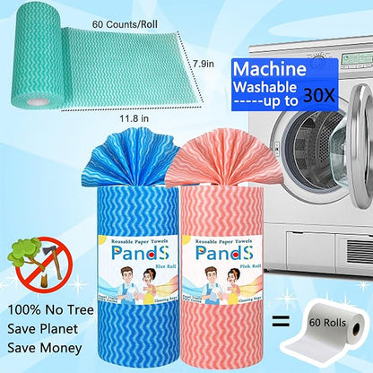 Washable Paper Towels Reusable 2 Pack, 120Ct Dish Cloths for Kitchen, Disposable Cleaning Wipes, Odor Free Quick Dry, Blue & Pink Rolls