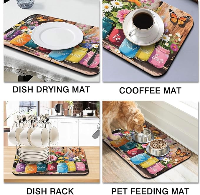 Dish Drying Mat for Kitchen Counter 2 Pack with Non-Slip Rubber Backing - Heat-Resistant Absorbent Coffee Bar Mat, Dish Rack Mat, Farmhouse Floral Wooden Board Dish Drying Mats 18x24+19.5x12 inch