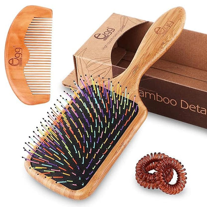 BLACK EGG Paddle Detangling Hair Brush for Women Girls, Rainbow Nylon Brush for Thick Thin Curly Hair, Includes Wooden Detangler Comb and 3 Hair Ties, Valentine’s Day Gift