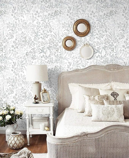 Heroad Boho Peel and Stick Wallpaper Floral Contact Paper for Cabinets Drawers 15.5''x196'' Grey Wall Paper Waterproof Self Adhesive Leaf Wallpaper for Bedroom Bathroom Removable Decor Vinyl Roll