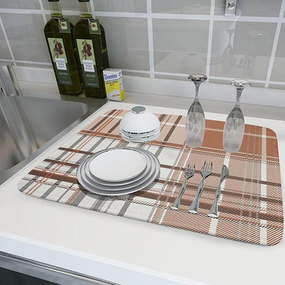 Brown White Buffalo Plaid Dish Drying Mat 18 x 24 Inch With Absorbent Reversible Microfiber Retro Checkered Tartan Farmhouse Drying Mats Dish Drainer Mat Fast Dry For Kitchen Dining Room Decoration