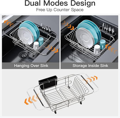 Apartment RV Small Dish Drainer Drying Rack Over The Sink In Stainless Steel for Narrow Kitchen, Counter Space Saving Compact Expandable Metal Plate Dryer Strainer, Modern Above Wire Drain Holder